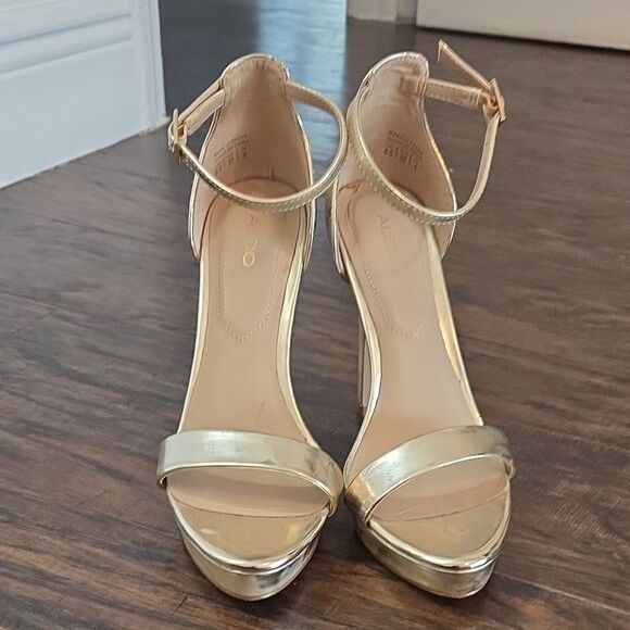 Aldo Gold High-Heeled Sandals with Ankle Strap - Picture 1 of 5